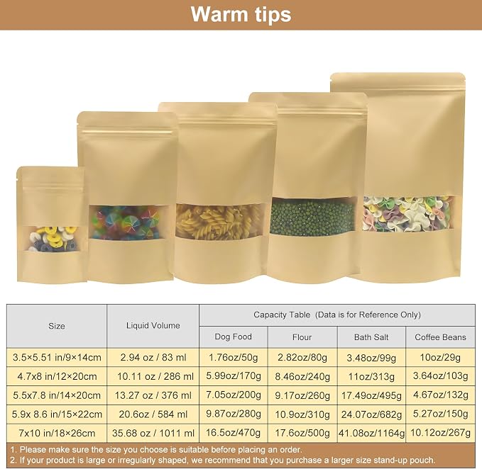 SumDirect Kraft Food Bags with Window - Resealable Kraft Stand Up Pouches, 50Pack 7X10inches Zipper Food Storage Bags for Packaging