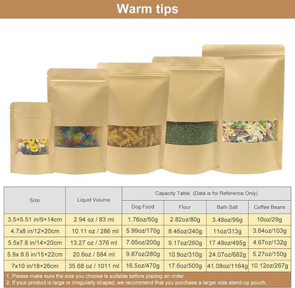 SumDirect Kraft Food Bags with Window - Resealable Kraft Stand Up Pouches, 50Pack 7X10inches Zipper Food Storage Bags for Packaging