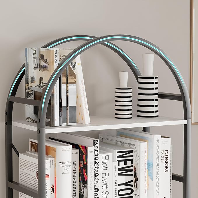5-Tier Bookshelf, 24 Inch Width Industrial Arched Bookcase, Vintage Storage Rack with Open Shelves, Free Standing Shelf for Home Office, Living Room,Bedroom, Black & White