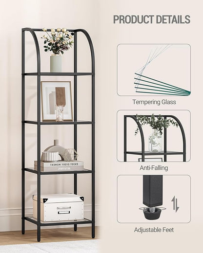 Bookcase Bookshelf, Tempered Glass Arched Bookshelf for More Storage, Slim Shelving Unit for Bedroom, Bathroom, Home Office, Steel Frame, 4 Tier Black BC20499B