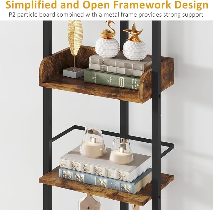 Bookshelf 5-Tier Book shelf - Narrow Wood Bookcase Tall Corner Book Shelves Storage Organizer Display Book Rack for Living Room Bedroom Office Home (Rustic Brown)
