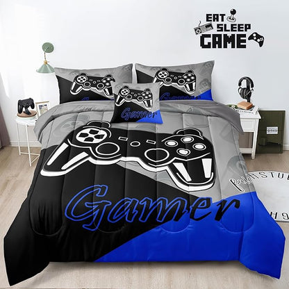 6 Pieces Gaming Bedding Set Full Size for Boys Gamer Comforter Set for Boys Girls Kids Teens 6 Piece Bed in A Bag Video Game Bedding for Gamer Room Decorative Full50