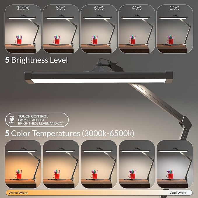 Super Bright 2,300 Lumens Powerful Professional Eye Care LED Desk Lamp, Brightness & Color Temperature Adjustable, Task Light for Home, beauty, Crafting, Office, Workbench (CCT, Dimmable, Silver)