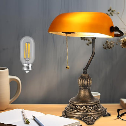 Bankers Lamp with Pull Switch, Amber Glass Desk Lamp with Retro Black/Gold Finish, Vintage Table Lamps for Living Room, Home Office, Library, Piano LED Bulb Included (Amber)