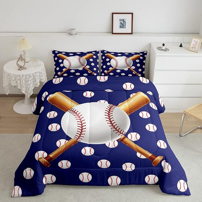 Feelyou Baseball Comforter Set Sports Bedding Set Ball Comforter for Kids Boys Girls Baseball Games Blue Duvet Set Room Decor Quilt Baseball Bat Print Twin Size Boys