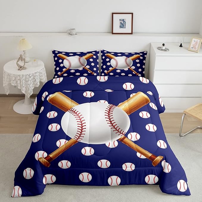 Baseball Comforter Set Sports Bedding Set Ball Comforter for Kids Boys Girls Baseball Games Blue Duvet Set Room Decor Quilt Baseball Bat Print Full Size Boys