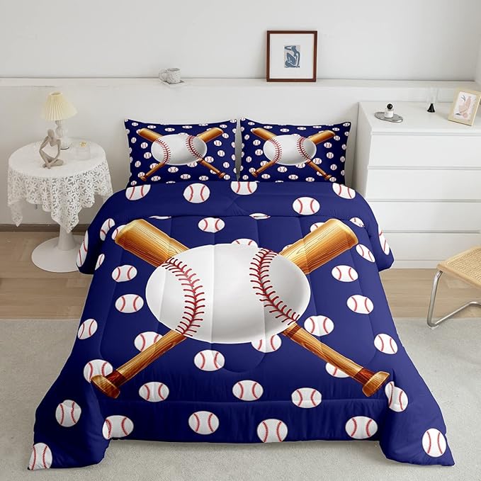 Feelyou Baseball Comforter Set Sports Bedding Set Ball Comforter for Kids Boys Girls Baseball Games Blue Duvet Set Room Decor Quilt Baseball Bat Print Queen Size Boys
