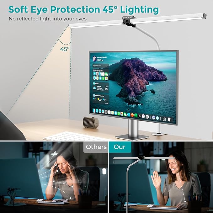 Led Desk Lamp for Office Home, Eye Caring Architect Desk Light with Clamp, Double Head 24W Ultra Bright Table Lamp with Remote Control, 5 Color Modes Flexible Gooseneck Lamp for Reading Study White