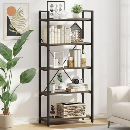 FATORRI 5 Tier Industrial Bookshelf, Rustic Etagere Bookcase for Display, Vintage Shelving Unit Wood and Metal Tall Book Shelves for Home Office (Walnut Brown)