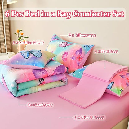 Butterfly Bedding Set Full, Pink Butterfly Comforter Set for Girls Kids Teens 6 pcs Bed in a Bag Full Bedding Sets for Girls