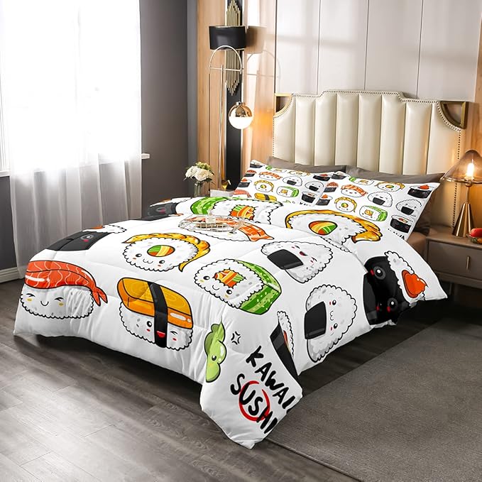 Erosebridal Sushi Pattern Comforter Set Full, Japanese Style Down Comforter, Food Theme Quilted Duvet for Kids Boys Girls Teens, Cute Cartoon Japanese Sushi Quilt Set Room Decorative