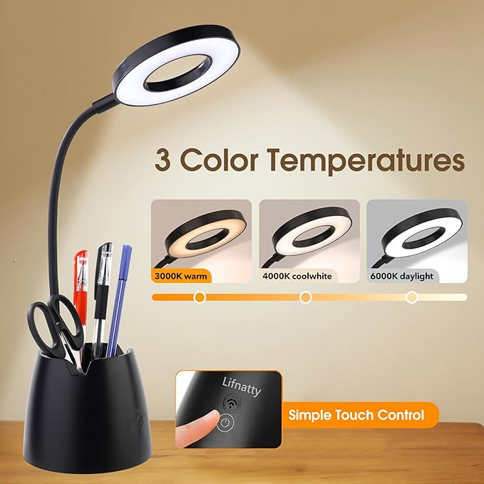 Desk Lamp, Desk Lamps for Home Office, Touchable, Remote Controlled, Dimmable, 3 Color Modes, Gooseneck, Black Table Light for Bedrooms, Led Desk Light, Small Office Lamp, Dorm Room Essentials