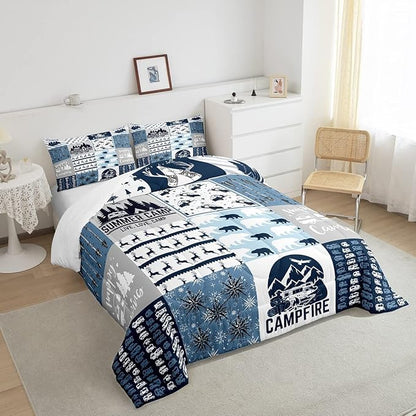 Camper Gifts Comforter Set Twin, Happing Camping Gifts For Men Women, Blue Camper Bedding Set For Camping Lovers Campsite, Camping Down Comforter For RV Travel Hiking, Camper Decor, Buffalo Plaid