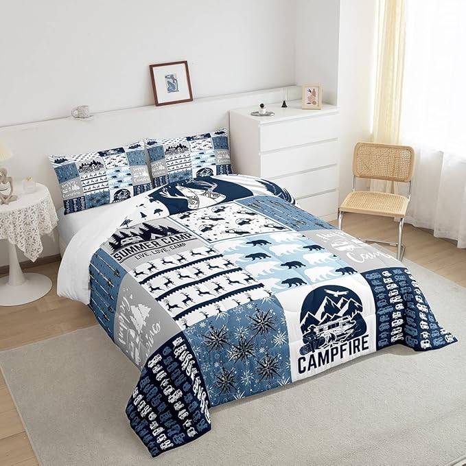 Erosebridal Happy Camping Bedding Set King Size for Boys Kids Teens, Camper Duvet Insert, Rustic Farmhouse Style Comforter Set, Sketch Drawing Camper Bedding, Camping Car Down Comforter, Blue