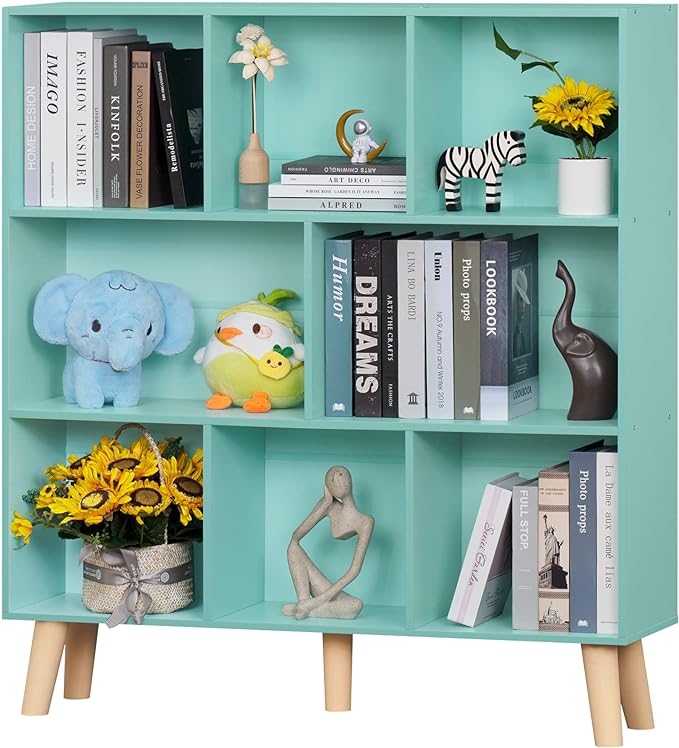 LEYAOYAO 8 Cube Bookshelf 3-Tier Bookcase with Legs, Mint-Green Kids Book Shelf Cute Storage Organizer, Large Open Toy Shelves Modern Bookshelves,Display Bookcases for Bedroom,Living Room,Nursery