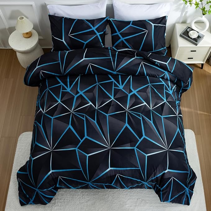 NTBED 3D Geometric Comforter Set for Boys Kids, Irregular Diamond Pattern Lightweight Microfiber Bedding Sets All Season (Blue,Full)