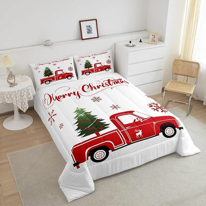 Christmas Tree Comforter Set Full Size Red Truck Bedding Set Boys Girls Red Xmas Gift Snowflakes Comforter for Teens Bedroom Decor Elk Deer Christmas Decorations Bedding Duvet Set