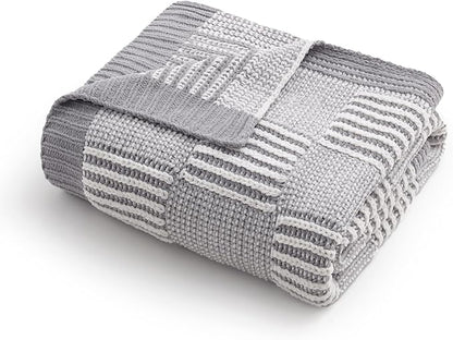 Amélie Home Chenille Knit Throw Blanket for Couch, Checkered Texture Decorative Soft Blanket for Sofa, Bed & Living Room, 50"x60", Grey & White