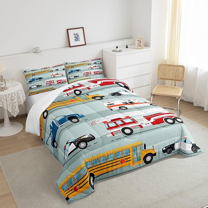 Erosebridal Fire Truck Comforter Set,Police Car Down Comforter Full Size,School Bus Bedding Set for Kids Boys Teens Youth,Equipped Truck Cartoon Vehicle Quilt Duvet Insert Bedroom Dorm Decor 3 Pcs