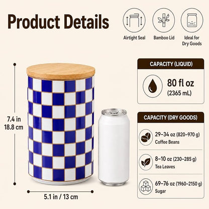 Kitchen Countertop Ceramic Checkered Canisters,Black And White Food Storage Containers With Lid,Airtight Kitchen Canisters for Flour, Sugar, Coffee, Tea, and Dry Goods (Blue, XL)