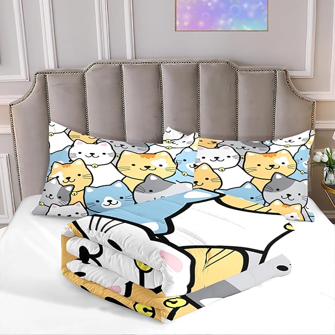 Cat Comforter Set - Cute Cat Comforter - Full Size Comforter Set for Kids Kawaii Cat Bedding Set Cartoon Cat Print Bedding Sets for Girls Room Kids Cat Quilt Sets with 2 Pillowcases