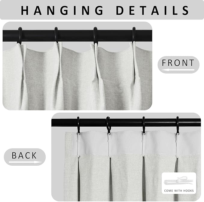 Macochico 100”Wx96”L Pinch Pleated 100% Blackout Linen Curtains Thermal Sliding Curtains for Bedroom Living Room Sliding Glass Door Farmhouse Shabby Chic Greyish White Drapery with Tieback 1 Panel