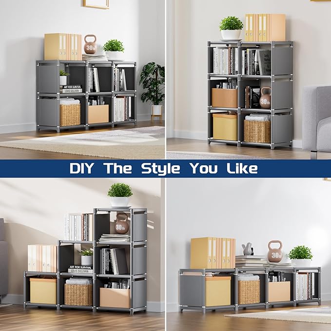 Mavivegue Book Shelf, 6 Cube Storage Organizer, DIY Bookcase, Metal Cube Bookshelf,Tall Book case for Bedroom, Living Room,Office,Closet Storage Organizer, Grey Cubicle Storage Rack