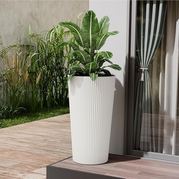 23.6" Tall Planters for Outdoor Plants,Large Outdoor Planters for Front Porch Decor with Drainage Hole, Flower Pots Fits Indoor Plants Patio/Garden, Plastic Striped White (2 Pack)
