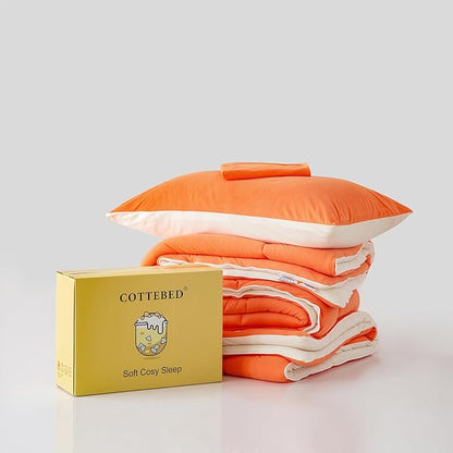 COTTEBED Reversible Softness Bright Orange and Beige King Size Comforter Set Clearance, Jersey Knit T-Shirt Feel California King Cozy Bedding Down Blanket Quilt & Pillowsham for Women Men All Season