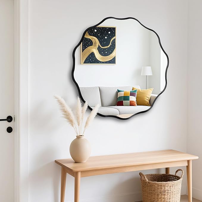 Fabuady Black Round Wavy Edge Mirror - 24'' Circle Wall Mirror with Metal Frame, Decorative Hanging/Leaning Mirror for Bathroom, Bedroom, Living Room, Hallway, Entryway, Office, Home Decor