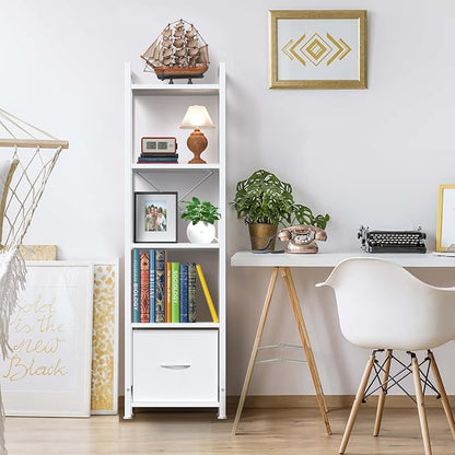 Narrow-Bookshelf-With-Storage-Drawer, 5-Tier Small Standing Book Shelf Organizer For Small Space, Tall Thin Bookcase Shelf For Bedroom Living Room Office, Wooden Shelving Unit Rack For Display