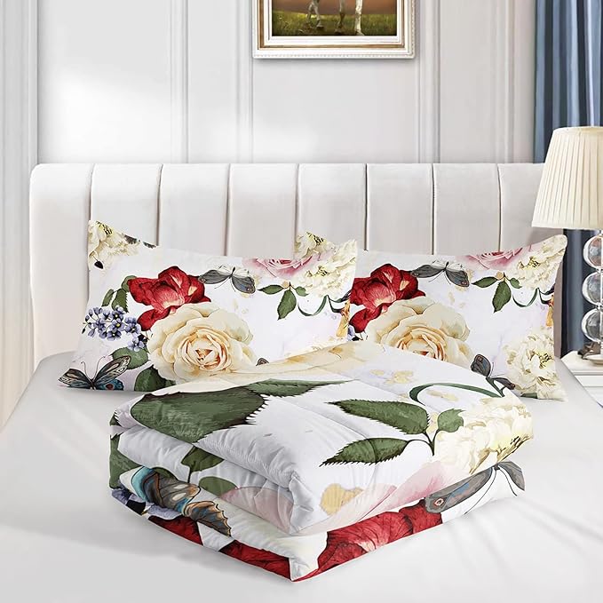 Butterfly Comforter Set for Girls Kids Adults Watercolor Butterfly Rose Bedding Set Aesthetics Butterflies Quilt Duvet Set Full Size with 1 Comforter and 2 Pillowcases