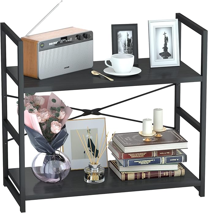 NUMENN 2 Tier Bookshelf, Bookcase Shelf Storage Organizer, Modern Book Shelf for Bedroom, Living Room and Home Office, Black