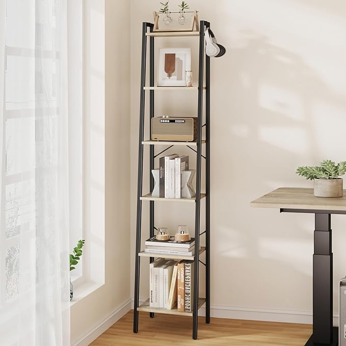 Ladder Shelf, Bookshelf Bookcase, Freestanding Corner Storage Shelve with 2 Hooks for Home Office, Living Room, Kitchen, Bedroom, Industrial, 6-Tier Greige BC13305B