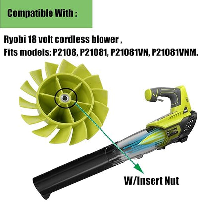 Blower Fan Blade 529437004 for Ryobi 18 Volt Blower Fan P2108 P21081 P21081VN P21081VNM Fits Ryobi Leaf Blower Part 529437004 529437003 529437001（W/Insert Nut）- 2 Pack
