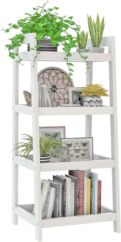 4 Tier Bamboo Bookshelf, Free Standing Ladder Shelf, Storage Shelf Rack for Bathroom, Kitchen, Living Room - White