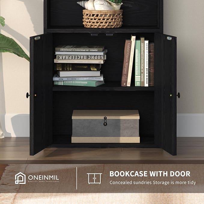 oneinmil 6 Tier Bookshelf and Bookcase, Wooden Bookshelves with Cabinet Doors, Floor Bookshelves and Office Storage Cabinets for Home Office, Living Room,Black