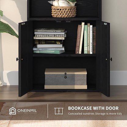 oneinmil 6 Tier Bookshelf and Bookcase, Wooden Bookshelves with Cabinet Doors, Floor Bookshelves and Office Storage Cabinets for Home Office, Living Room,Black