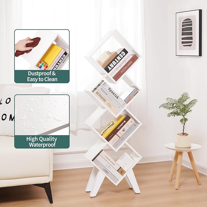 Yoobure White Bookshelf, Wood Small Bookcase 4-Tier Book Shelf, Tall Bookcases Book Organizer, Modern Bookshelves Floor Standing for CDs/Books in Small Spaces, Living Room, Home Office, Bedroom