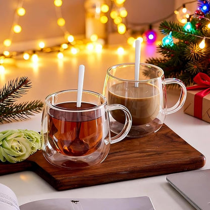 Double Wall Glass Coffee Mugs 10 Oz with Handle - Set of 2 | Insulated Clear Espresso Coffee Mug with Handle, Double Walled Coffee Cups for Cappuccino, Latte, Tea, Hot Drinks