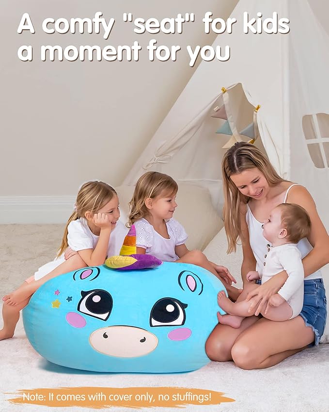 Aubliss Stuffed Animal Storage, Velvet Bean Bag Chairs Cover, Large 32" Ultra Soft Kids Toy Storage Organizer for Blankets Towels Clothes, Blue Big Eyes