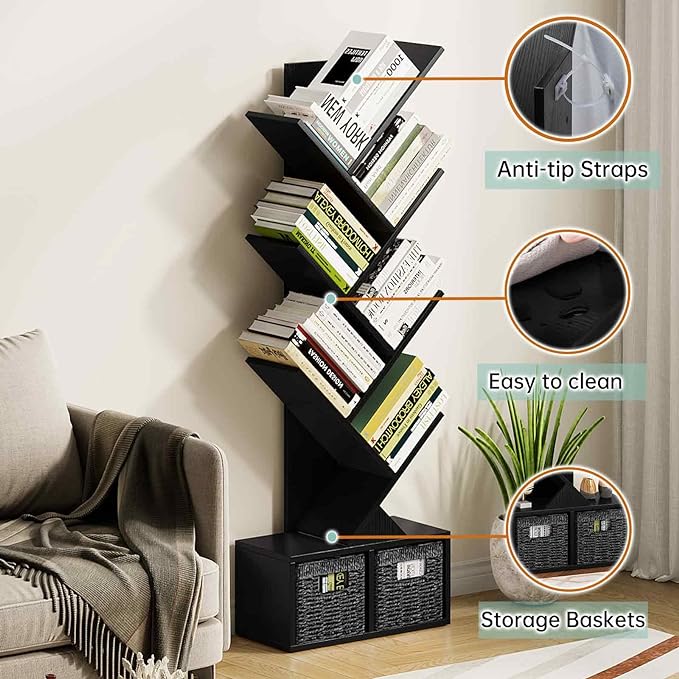 Vagusicc 6 Tier Tree Bookshelf - Modern Shelf Floor Standing Bookcase with Baskets, Tall Wood Book Storage Rack for Books/CDs, Tree Utility Book Organizer Shelves for Living Room, Home Office, Bedroom