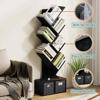 Vagusicc 6 Tier Tree Bookshelf - Modern Shelf Floor Standing Bookcase with Baskets, Tall Wood Book Storage Rack for Books/CDs, Tree Utility Book Organizer Shelves for Living Room, Home Office, Bedroom