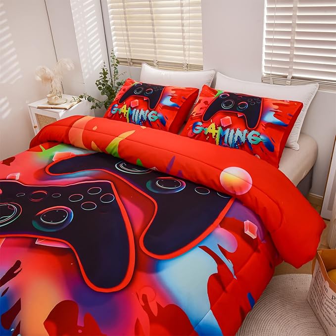 Aimuan Gaming Comforter Sets for Boys Kids Bedding Sets Video Games Console Action Buttons Novelty Colorful Game Gamepad Controller Modern Gamer Room Decor Home Quilt Set (Twin, Red)