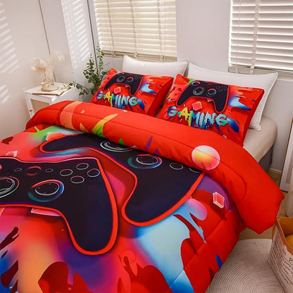 Aimuan Gaming Comforter Sets for Boys Kids Bedding Sets Video Games Console Action Buttons Novelty Colorful Game Gamepad Controller Modern Gamer Room Decor Home Quilt Set (Twin, Red)