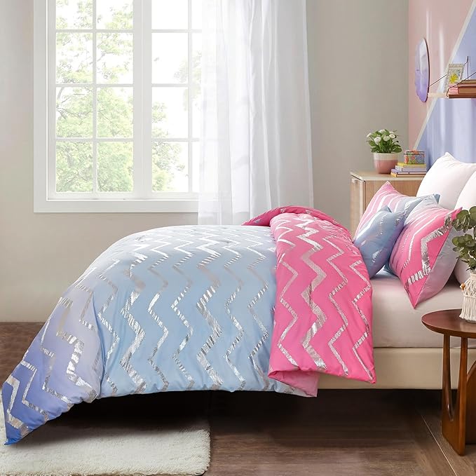 Girls Comforter Set Twin Size Ombre Pink Purple Bedding Rainbow Comforter for Kids Teen Women,3 Pieces (1 Comforter,1 Pillowcase,1 Decorative Pillow Sham)