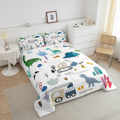 Erosebridal Construction Comforter Set Twin, Cute Dino Excavator Bedding for Kids Boys Girls, Cartoon Car Trucks Crane Equipment Bedding Comforter Sets, Green Blue Dinosaur Vehicles Duvet Insert