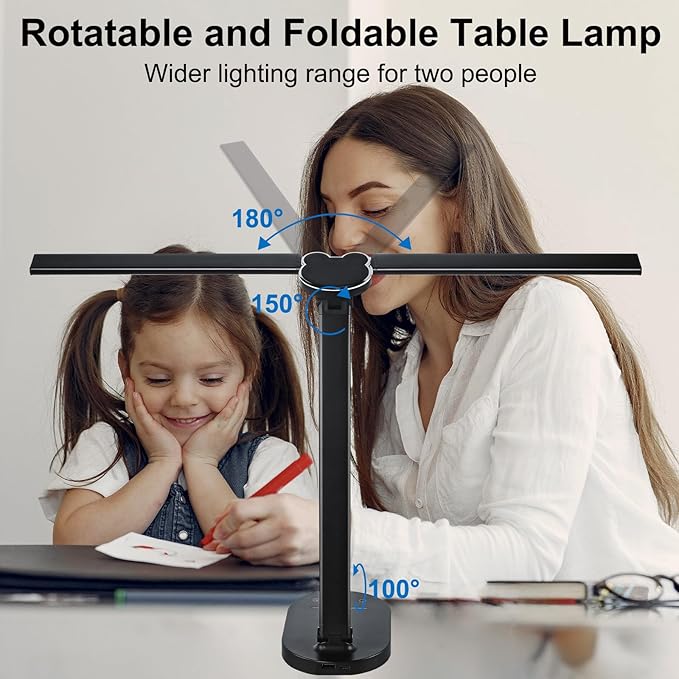 Lightess LED Desk Lamp with Wireless Charger, USB Charging Port, Adjustable Foldable Dual Swing Arm Desk Light Dimmable Eye-Caring Desk Lamp, Touch Control, Home Office Desk Lights for Work Study