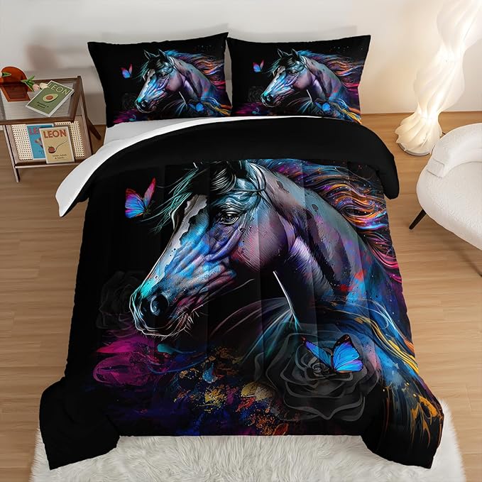 HOSIMA 3 Pieces Art Horse Comforter Set with 2 Pillowcases,Wildlife Horse Butterfly Black Comforter Boys Teens Aesthetic Room Decor,Animal Bedding Twin Bed in a Bag Sets for adults.