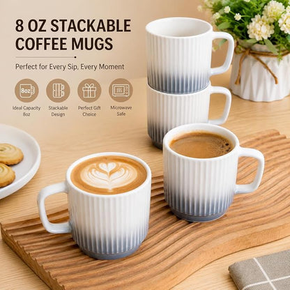 8 oz Stackable Coffee Mugs Set of 4, Ceramic Coffee Mug Cappuccino Cups | Coffee Cup for Hot Drinks, Latte, Cocoa & Tea, Coffee Mug for Home & Office Use, Birthday Gift for Coffee Lovers, Grey